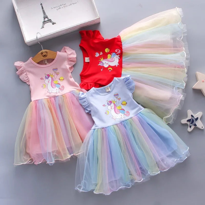 Roupas para meninas 2024 Novos vestidos de princesa de verão Vestidos de festa de unicórnio para bebês Roupas infantis Vestido de manga voadora Vestido infantil 3-8 anos