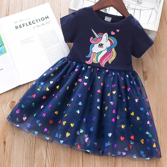 Vestido de unicórnio com desenho de bebê menina verão 2024, malha de algodão, vestidos de princesa para festa, para crianças de 2 a 6 anos, roupas infantis
