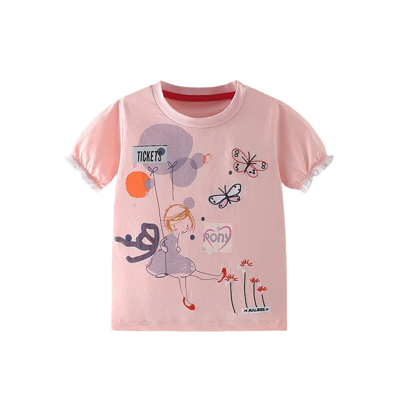 Jumping Meters 3-8T Flores Crianças Camisetas Mais Vendidas Algodão Verão Meninas Camisetas Roupas de Bebê Camisetas Infantis Tops