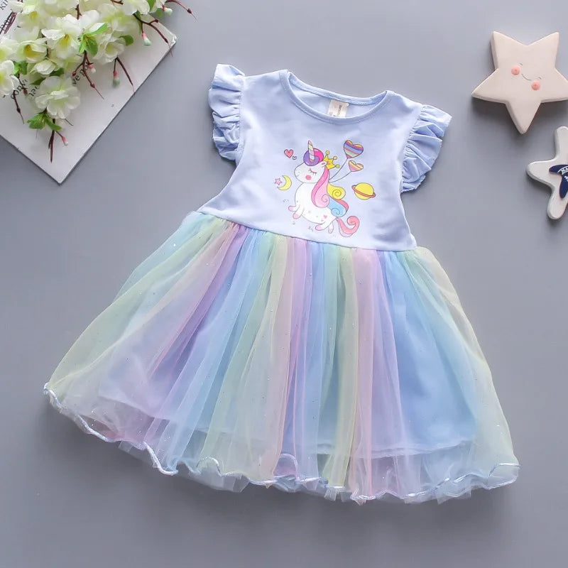 Roupas para meninas 2024 Novos vestidos de princesa de verão Vestidos de festa de unicórnio para bebês Roupas infantis Vestido de manga voadora Vestido infantil 3-8 anos