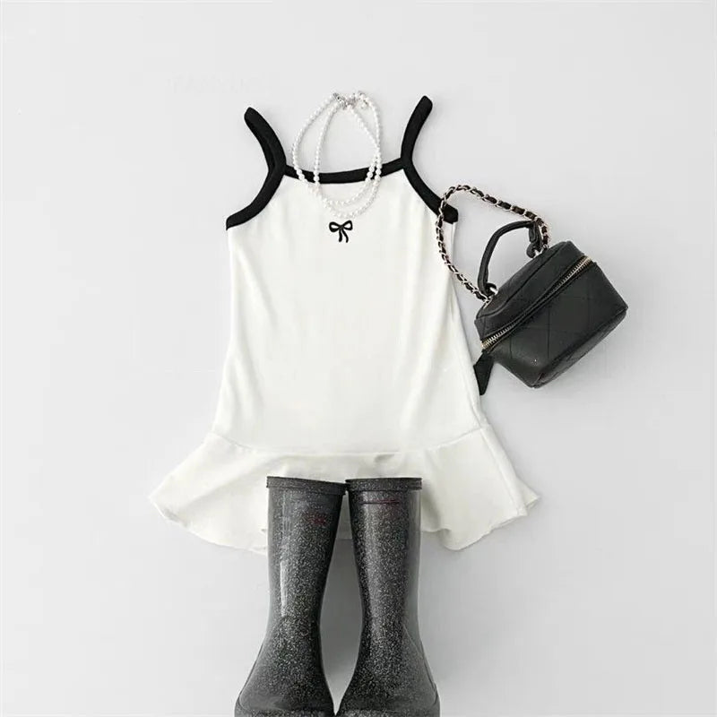 2025 Summer New Girls Sling Vest Kids Long T-Shirts Cute Bowknot kids Sleeveless Princess Casual Dresses Cotton Children Clothes