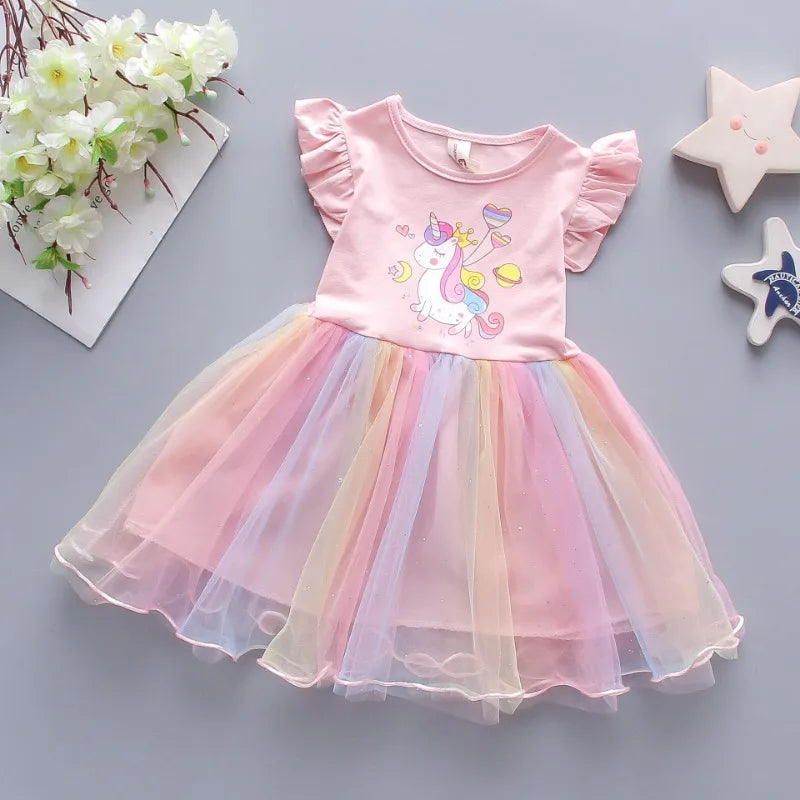 Roupas para meninas 2024 Novos vestidos de princesa de verão Vestidos de festa de unicórnio para bebês Roupas infantis Vestido de manga voadora Vestido infantil 3-8 anos