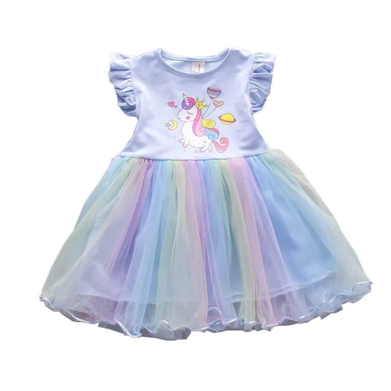 Roupas para meninas 2024 Novos vestidos de princesa de verão Vestidos de festa de unicórnio para bebês Roupas infantis Vestido de manga voadora Vestido infantil 3-8 anos